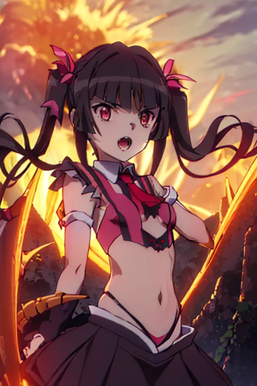 (((Vampire, Tsukumo style, twintails, black hair)))、White ribbon、1girl、Volcano erupts