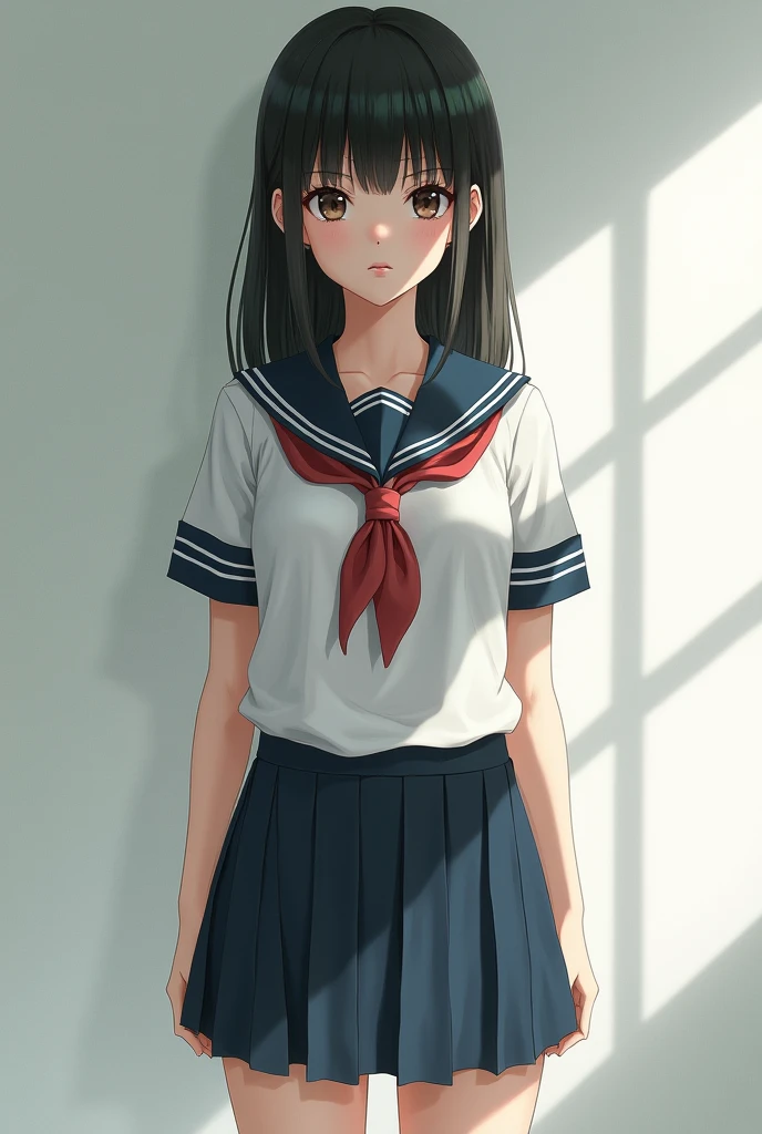 Girl wearing Japanese school uniform and naked