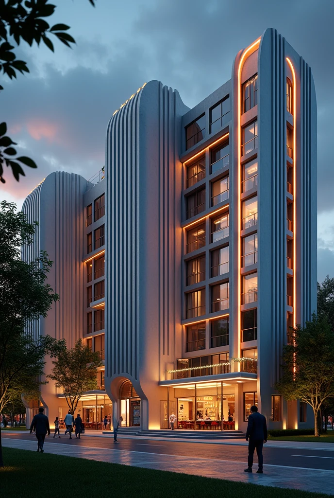 art deco design,urban buildings,streamline moderne,futuristic architecture, Abstraction,modern style,Luxury and Luxury,Future night view,Futuristic decorative elements,Metallic,number line,sci-fi lamp,Virtual Engine,Unreal rendering, neon lights, apartments, restaurants, mixed use, multiple buildings, trees, parks, greenery, grass, green field, pedestrians, people