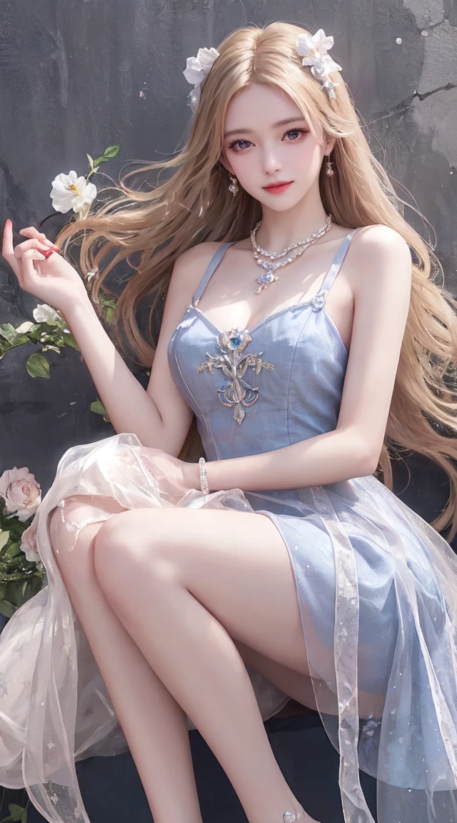 Sweet girl's clothes 2,Pearl Necklace,Blue Dress,flower, ((Yushuxin,1 girl,Solitary)),(((miss))), (((Better quality))), (((masterpiece))), (((aldult))), (((1 girl))), Full breasts, cleveage, Nice slender legs, Cleansing the skin, Simon Beasley (Simon Beasley), Nude showing wild city style, Long blond hair, Minimum dress code, The left arm has metal protection,Has complex graphics, Dark Red,With white stars and black and white spots, Thorny, (((From the knee up))), 白色Long blond hair, Background wall painted by Shepard Fairey,Complex design