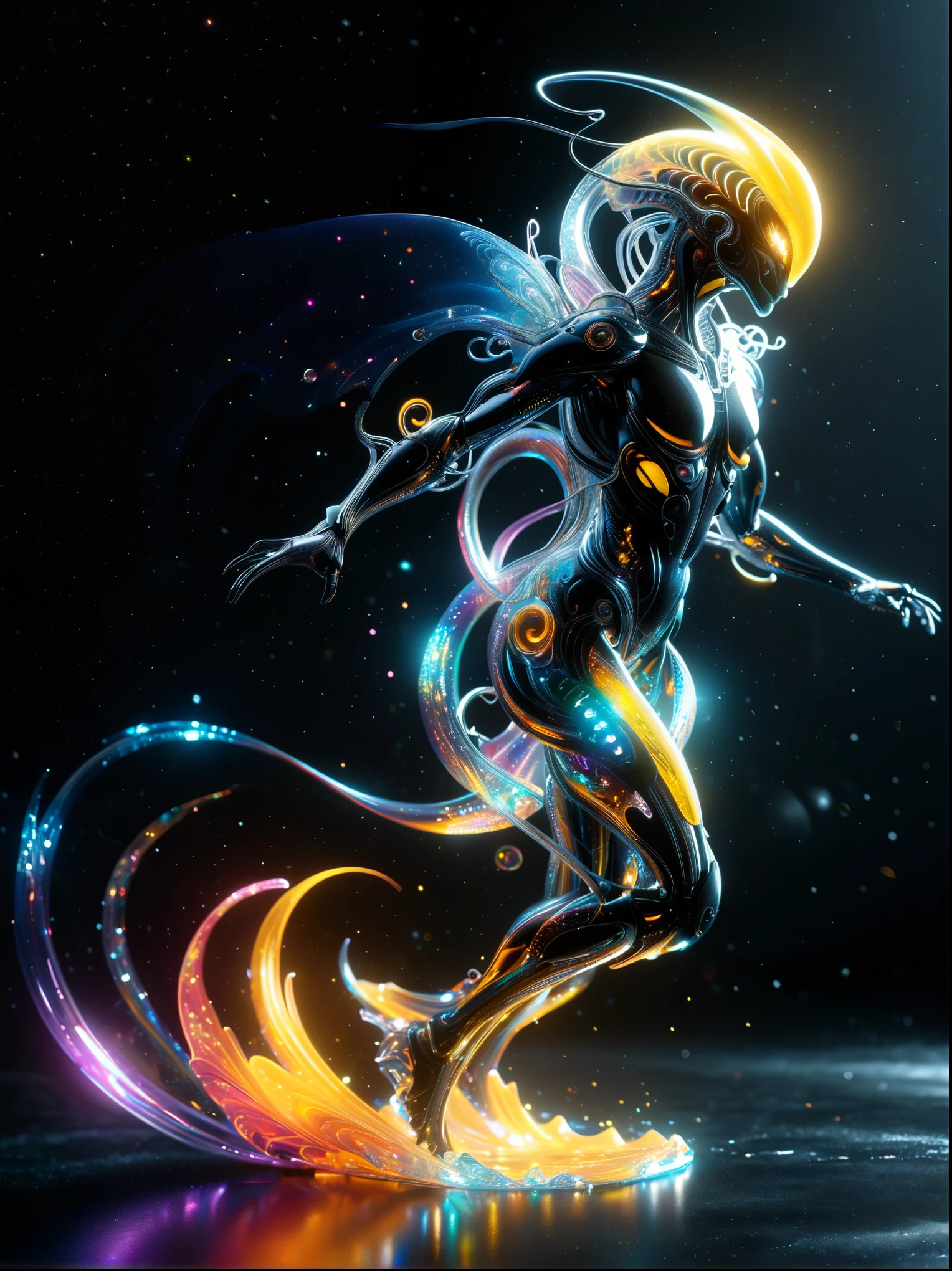 Dark tones，heavy style，Surging and surging，nature，Cold and scary，Dark Universe Background，A masterpiece of ultra-fine detail，Dynamic，Amazing quality，A floating, ethereal, extraterrestrial creature，(Legendary Energy Alien Light Warrior:1.5)，Future alien warrior，Mechanical structure，Cyborg creatures，Liquid Metal，Copperplate engraving，Sci-fi transparent ethereal alien creature，metallic feel，复古Cyberpunk，Surrealism，Arthur Effect，Transparent body，Gradient translucent glass melts，Caustics，Clear glass texture，Rainbow colors，Designed by Dietrams，concise，Detailed sparkle，black background，industrial design，Studio lights up，C4D，Overclocking Renderer，Clean shadows，8k，Cyberpunk，Holographic projection，Fault Art，Mechanical aesthetics，Neon lights，laser light，Fluorescence，Glow Effect，Liquid Metal，Copperplate engraving，Unreal Engine