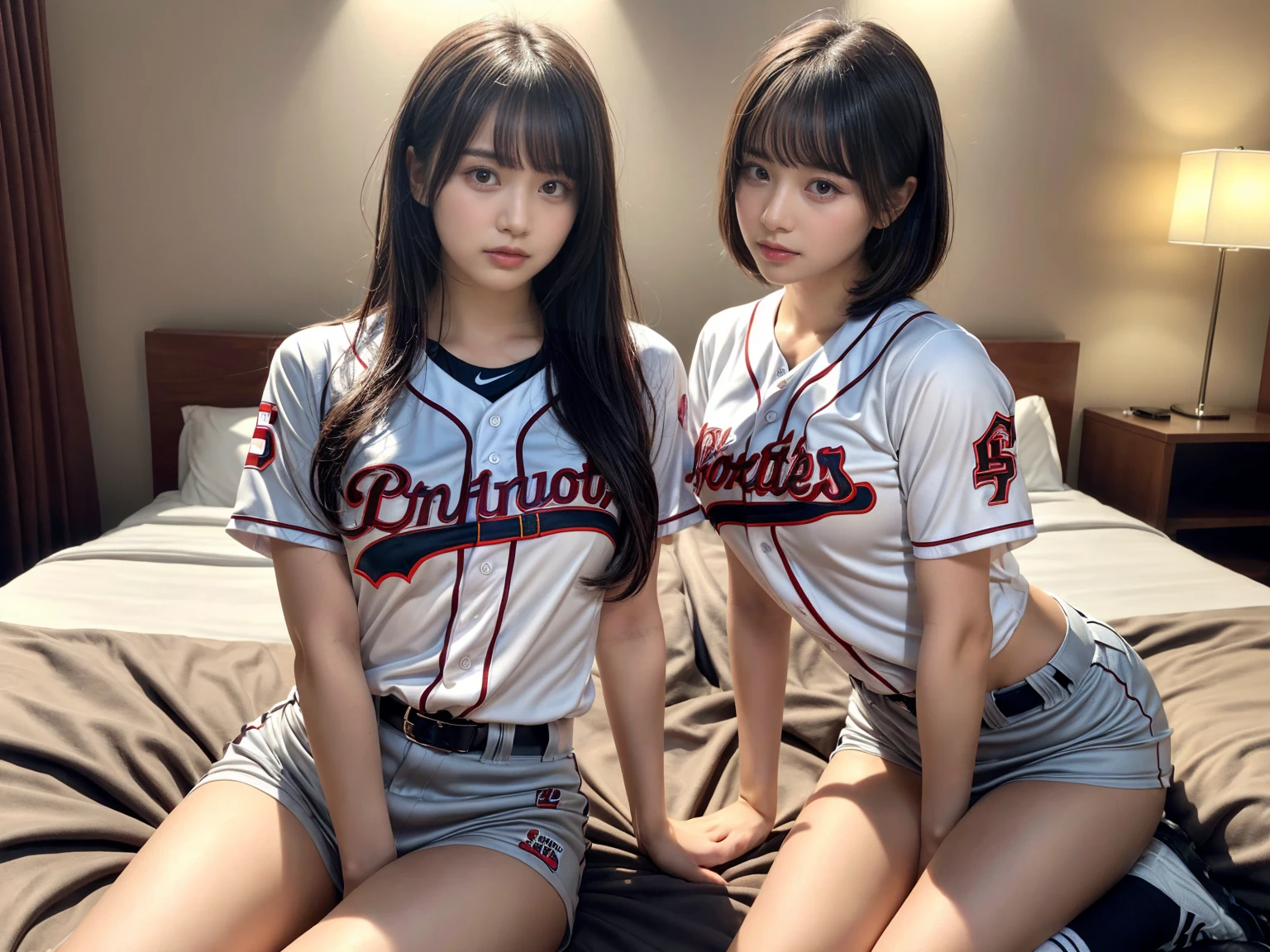 masterpiece, best quality, illustration, Super detailed, fine details, High resolution, 8K,wall paper, perfect dynamic composition,(Details High quality, realistic depiction of eyes:1.3), (2 girls), ((Baseball Uniforms), a miniskirt, Toned buttocks), sitting, open legs, short bob hair, in a hotel room in the background, deep on field, large breasts, black hair color, Big Natural Color Lip, (perfect body shape), crying a little、Harajuku style、20 year old girl、cute type、beautiful legs, Gravure Idol
