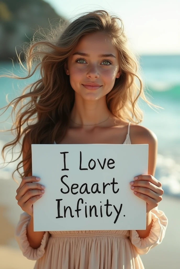 Beautiful girl with wavy long hair, bohemian dress, holding a white board with text "I Love Seaart Infinity" and showing it to the viewer