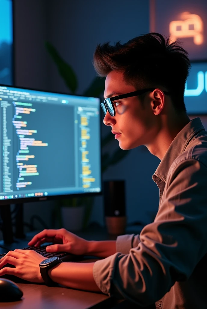 Handsome video game developer working on computer