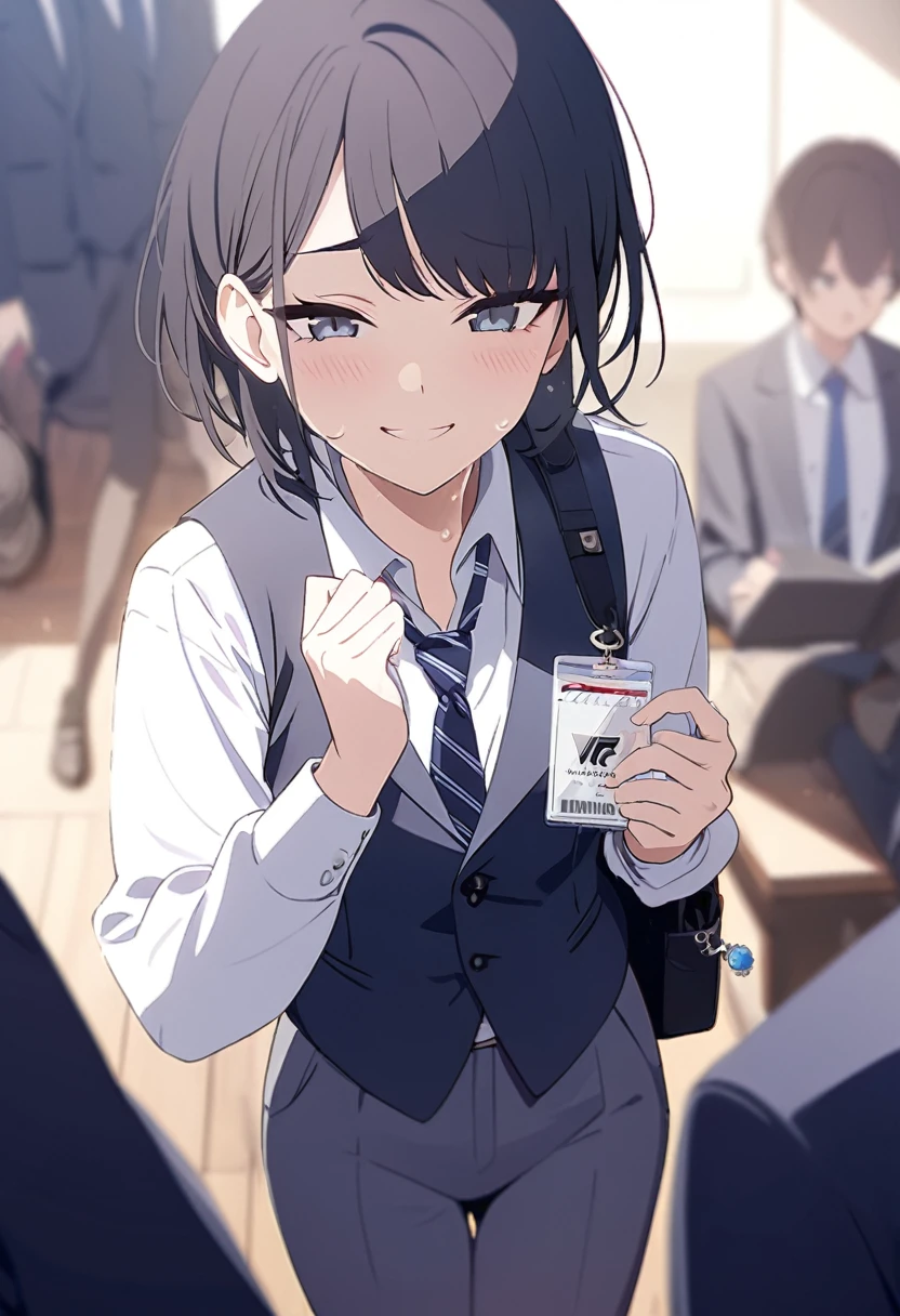 masterpiece,best quality,depth of field,8k,dark gray eyes,blue eyes,wseifuku,chic,(charismatic eyes 1:1),alone,white shirt,gray suit vest,male,Blue Striped Tie,black oxford shoes,Wearing an employee ID around his neck,Forcing a smile,with a bead of sweat on his cheek,Holding a warrant in hand,standing