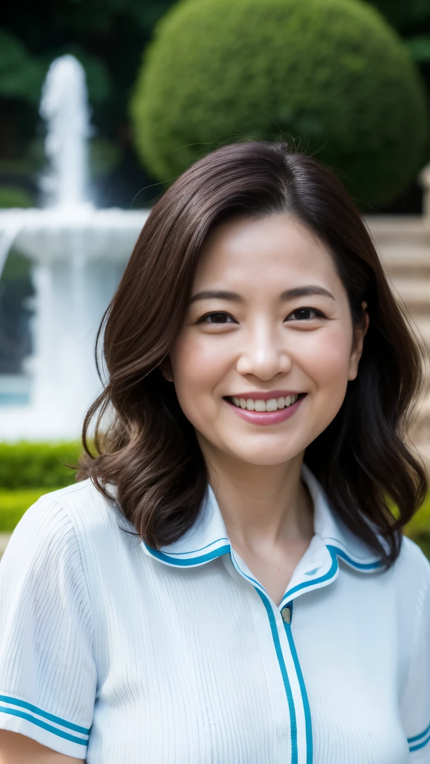 最high quality, In 8K, whole body, Real, Upper Body, high quality, High resolution, Detailed face, Detailed eyes, Thick lips, (Look at the viewers), alone, Middle-aged women, , 60 years old, , Wavy Hair, , Wearing short sleeves, Standing in front of a fountain, Wrinkles around the eyes, Smiling with teeth showing, Background Blur