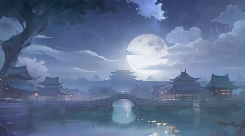A full moon hangs over the bridge by the river at night, background technologywork, background technology, Night village background, Game Background, mobile Game Background, anime background technology, moonlit starry sky environment, Dreamy Chinatown, Moonlit night dreamy atmosphere, Night view, G Liulian art style, Temple Background, A quiet night. Digital Illustration, Anime Background