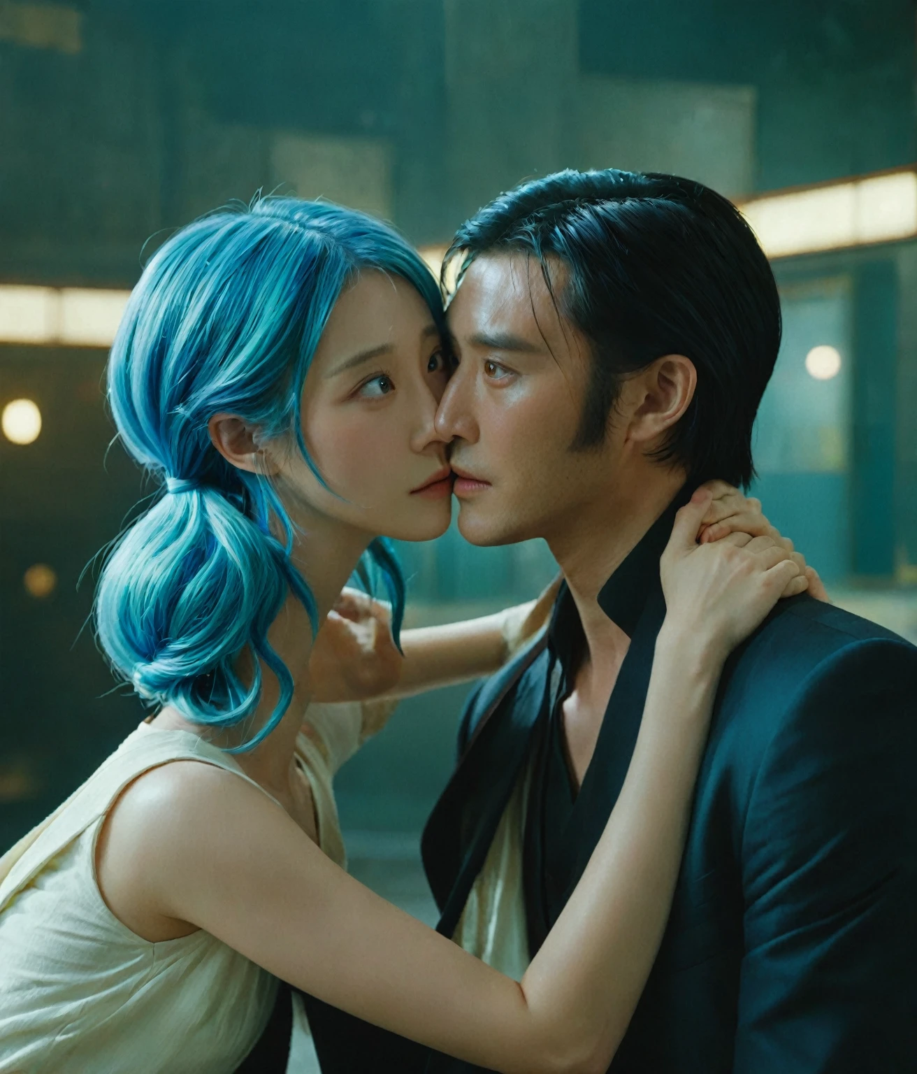There is a blue-haired man and woman hugging each other。, Movie promotional images, 2d Movie Stills, film promotional still, 真人Movie Stills, 高品质Movie Stills, 动漫Movie Stills, Movie Stills宣传图, Movie screenshots, Live-action movie scenes, Highlights of the movie, Movie Stills, Japanese live-action movies