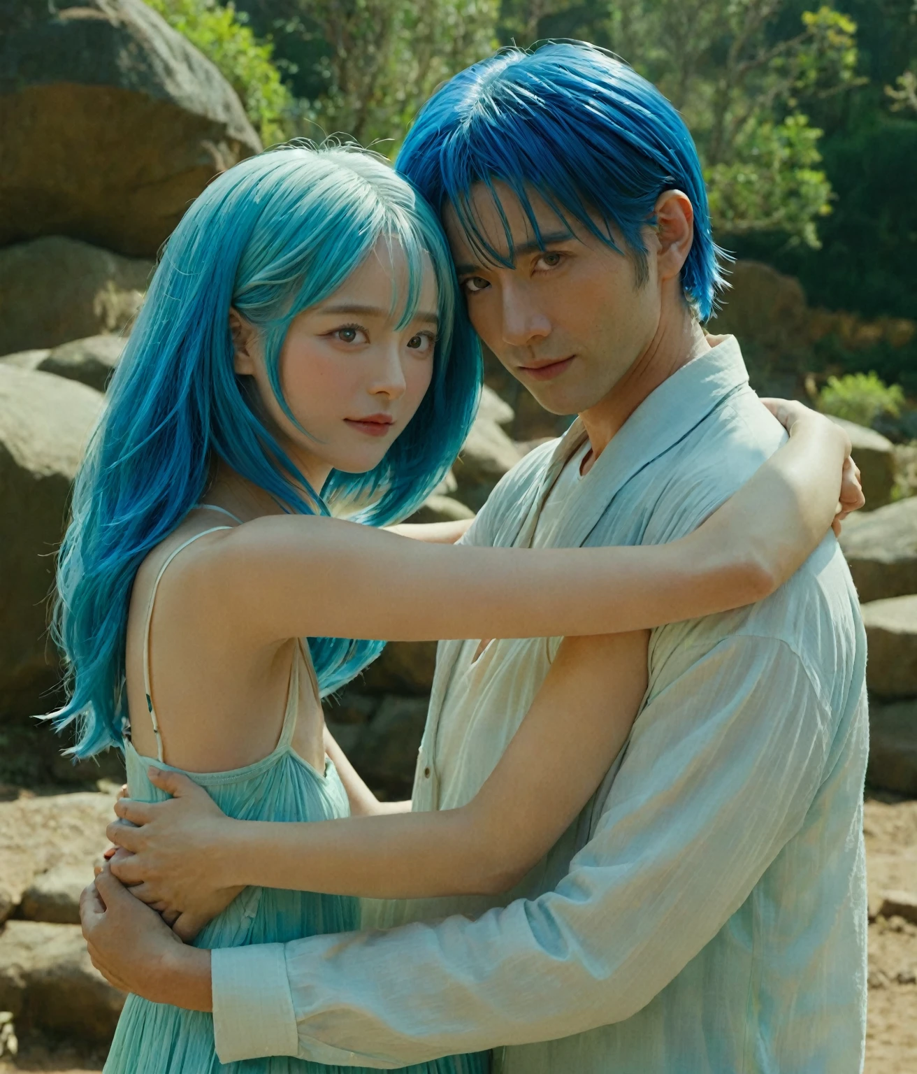 There is a blue-haired man and woman hugging each other。, Movie promotional images, 2d Movie Stills, film promotional still, 真人Movie Stills, 高品质Movie Stills, 动漫Movie Stills, Movie Stills宣传图, Movie screenshots, Live-action movie scenes, Highlights of the movie, Movie Stills, Japanese live-action movies