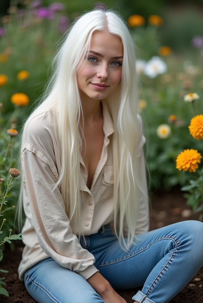 A pretty blue-eyed Instagram model with very long straight snow-white hair with a realistic natural pale porcelain complexion on an oval face. She is sitting in her garden in the dirt, surrounded by flowers with a ratty dirty covered shirt and jeans. Her expression is happy as she is in her element in the garden.