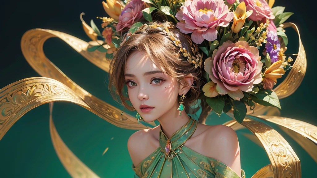 32K, 最高quality, 最高masterpiece, (ultra-Detailed Background, Detailed Background), High resolution, Super detailed, Very detailedな, One girl, (bouquet:1.3), (Tangled:1.2), (Geometric:1.2),(colorful),(masterpiece, quality, best quality, Official Art, Beautiful and beautiful:1.2), (1 girl:1.3), Very detailed,(colorful:1.1)(Flowers:1.3),Most detailed,(Tangled:1.2), whole body, (Abstract background:1.3), (Skin glows), (Many colors:1.4), ,(Earrings Jewelry:1.5), Light green background,