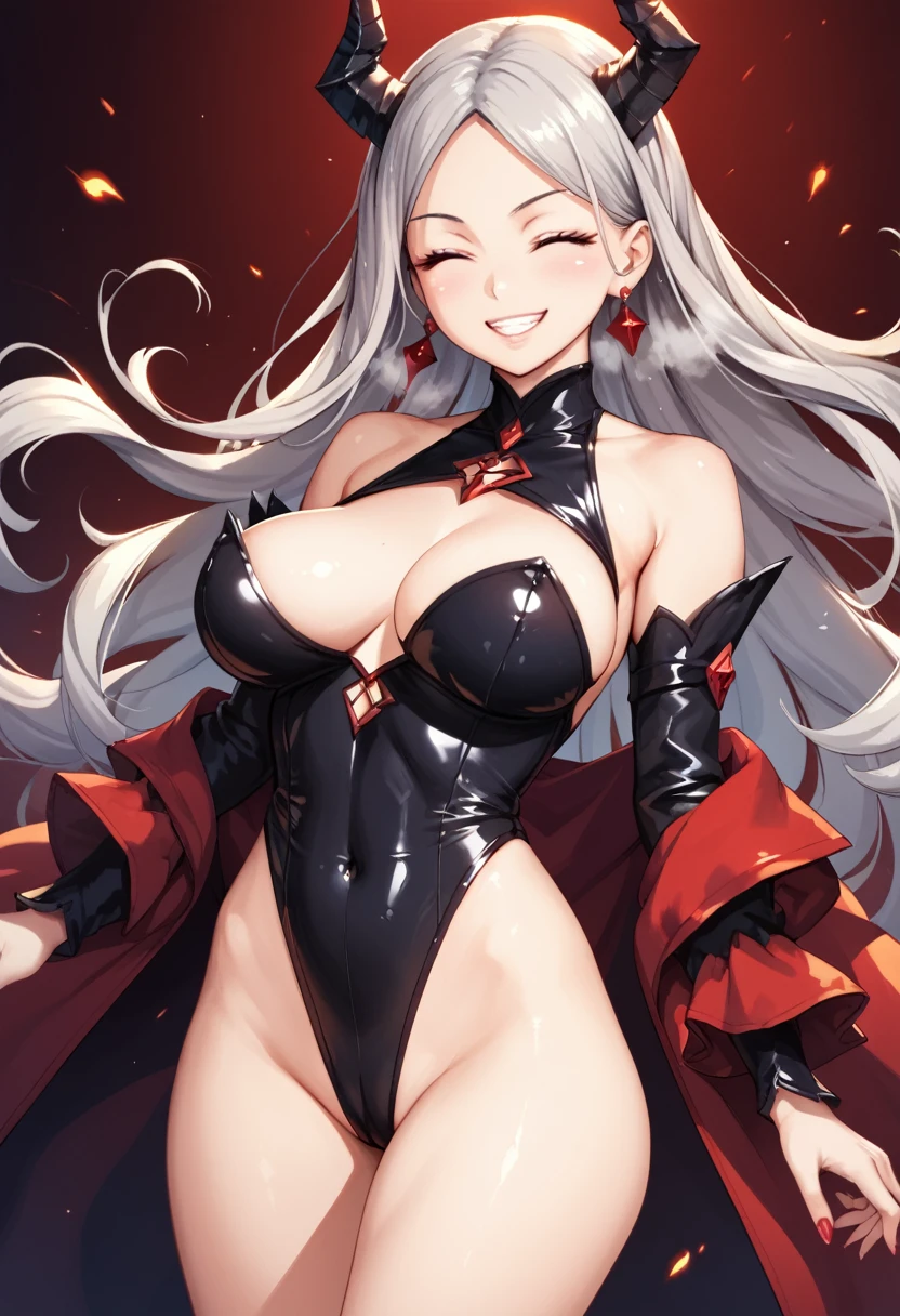 detailed,score_9, score_8_up, score_7_up, score_6_up, score_5_up, score_4_up, BREAK,Center-parted bangs,long hair,Gray Hair,Eyes closed,Double teeth,shiny skin,very big breasts,big breasts apart,Heavy breathing,((独奏)),((1girl)),evil smile,leotard