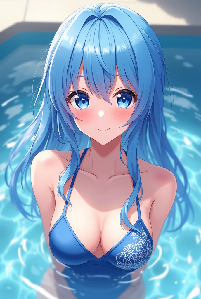 A blue-haired girl wearing a school swimsuit in anime style, with a translucent navel.