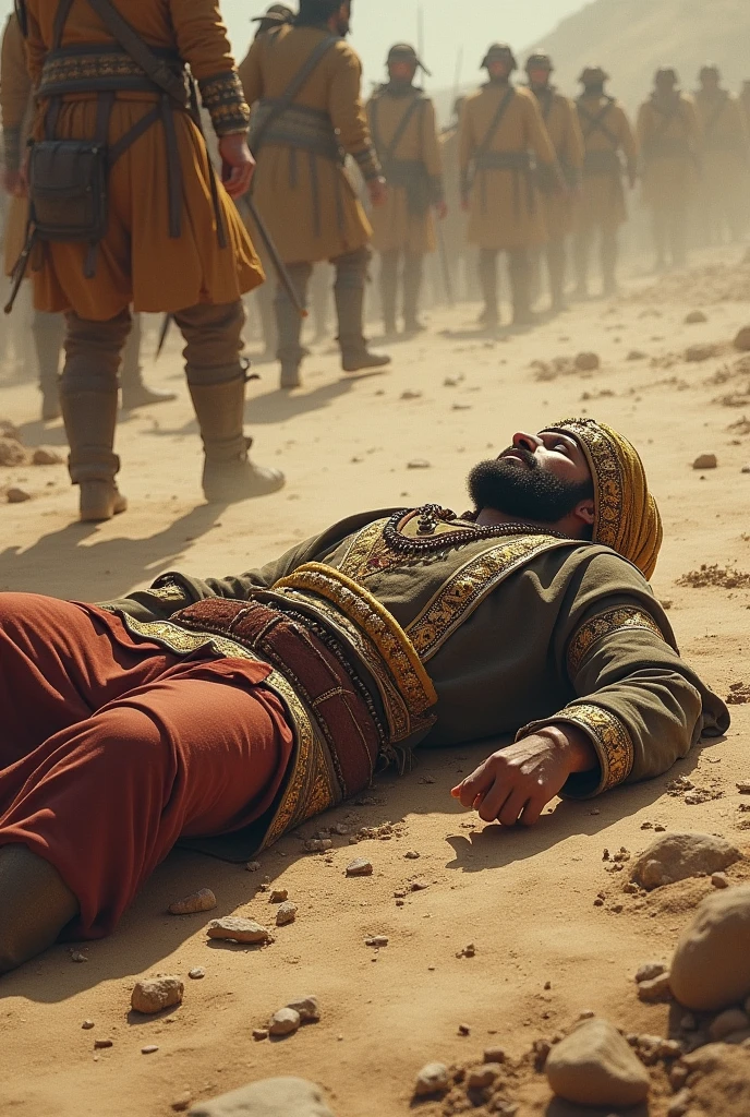 Muslim King baj bahadur of malva lying on dusty ground defeated