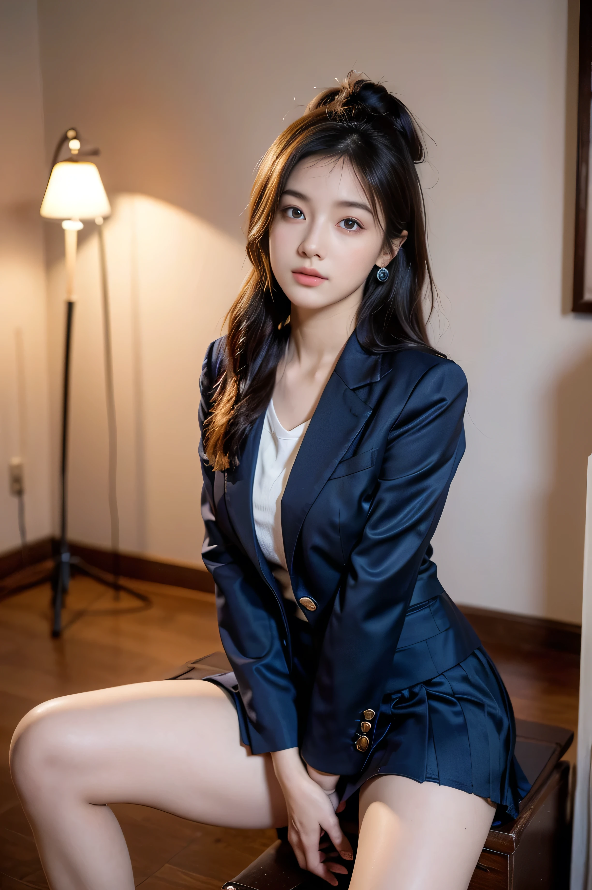 (Pure and cute Chinese college student 1.5), (20 years girl student), 8K, Masterpiece, RAW photo, Best quality, Photorealistic, Extremely detailed CG Unity 8K wallpaper, Depth of field, Cinematic light, Lens flare, Ray tracing, (Extremely beautiful face, Beautiful lips, Beautiful eyes), intricate detail face, ((ultra detailed skin)),(true to life,Photorealistic 1.8),((best qualtiy, 8K, tmasterpiece:1.3)),SLR camera (double eyelid,largeeyes:1.3),(smile1.5),(Full body photo 1.5)(One person 1.5)Clear focus 1.2, Perfect body beauty:1.4 , Delicate skin1.1,(Short silver-white hair 1.6),(Delicate makeup1.4),(Pure desire 1.3)(Black pantyhose 1.5)(The leg length is one meter two,1.5),Hair is slightly curled,Black hair, ((College Uniform silky purple blazer and silky navy blue Knee length skirt)), Bow knot,silky Navy Blue knee length Skirt, Slender legs,canvas Matty Black shoe,With earrings,Wristband jade bracelet,Standing in luxury Steps, 4 different poses, both hands playing with hair , beautiful knees , no need extra legs, no need extra hands, no need extra fingers, do not show panty, do not expose, no need stockings, no need full thighs show.