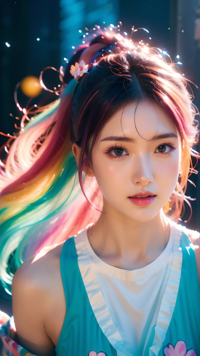 4K, UHD, masterpeice, 1 girl, good face, happy face, ((white skin)), beautiful body detailed eyes, detailed lipstick, a close up of a person with a colorful hair anime girl with cosmic hair, rossdraws pastel vibrant, colorful pigtail, rossdraws cartoon vibrant, cute colorful adorable, vibrant fantasy style, anime style. 8k, beautiful anime style, stunning art style, colorful]”, 
