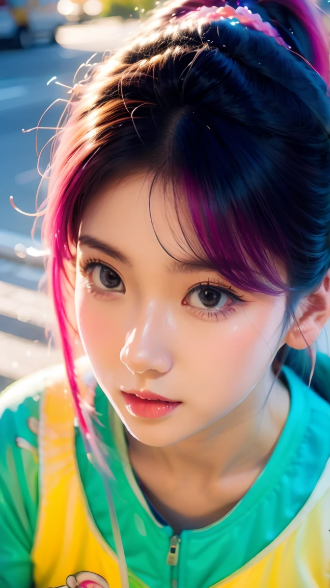 4K, UHD, masterpeice, 1 girl, good face, happy face, ((white skin)), beautiful body detailed eyes, detailed lipstick, a close up of a person with a colorful hair anime girl with cosmic hair, rossdraws pastel vibrant, colorful pigtail, rossdraws cartoon vibrant, cute colorful adorable, vibrant fantasy style, anime style. 8k, beautiful anime style, stunning art style, colorful]”, 