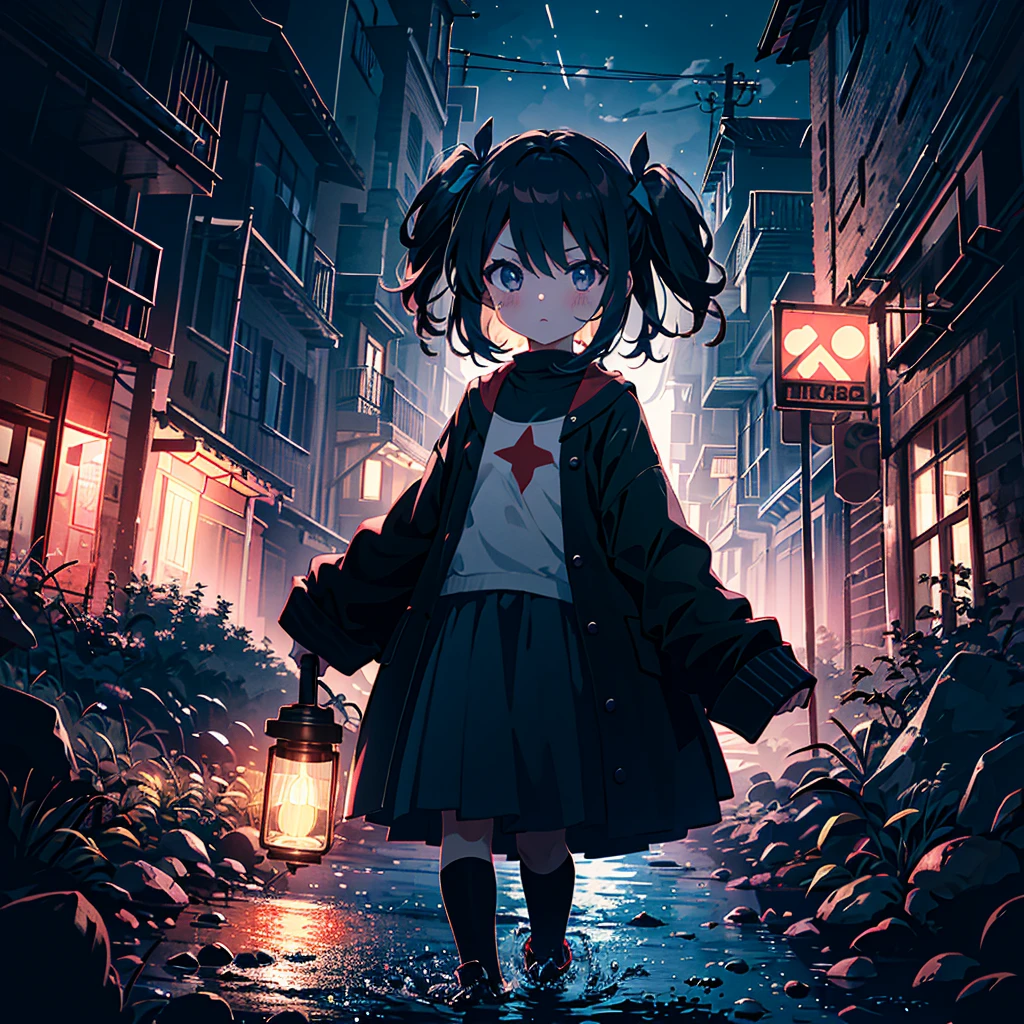 {{{Masterpiece, highest quality, high resolution background}}}, bright and beautiful atmosphere, 1 girl (7 years old, round face, baby face), small breasts, rough clothes, girl walking in the dark with a flashlight, already One girl grabs a girl's sleeve and gets scared, a very scary expression, a scary mini pig, "deltamon_sdXL :0.73)>Deltamon"