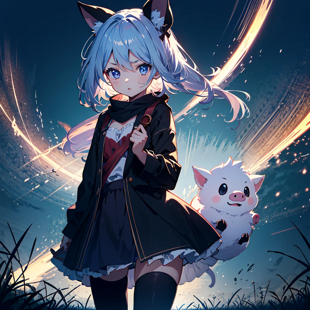 {{{Masterpiece, highest quality, high resolution background}}}, bright and beautiful atmosphere, 1 girl (7 , round face, baby facebreasts, rough clothes, girl walking in the dark with a flashlight, already One girl grabs a girl's sleeve and gets scared, a very scary expression, a scary mini pig, "deltamon_sdXL :0.73)>Deltamon"