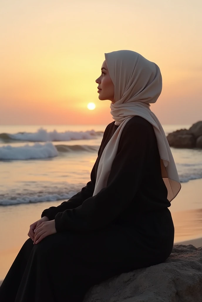 Generate a woman wearing a black blouse and long pants, she's wearing cream hijab sits on a rock at the beach sand with her feets reach the sea wave, sunset, ultra-sharp, highly-detailed.