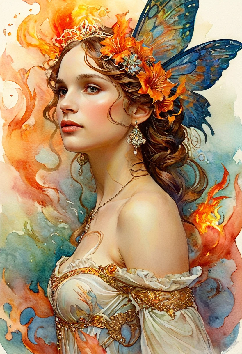 It depicts a beautiful woman with flames in her hair., (Natalie Portman:1.2), extremely detailed watercolor, The style of Alfons Maria Mucha and Gustav Kilmut, Art Nouveau accents, Fairy Queen, Anthropomorphic woman, Female figure, Detailed cover artwork, As the Goddess of Fire, Alphonse Mucha, Gustav Klimt, Pale skin, Marble sculpture, society, Gothic art, Art Nouveau, Behance Contest Winner