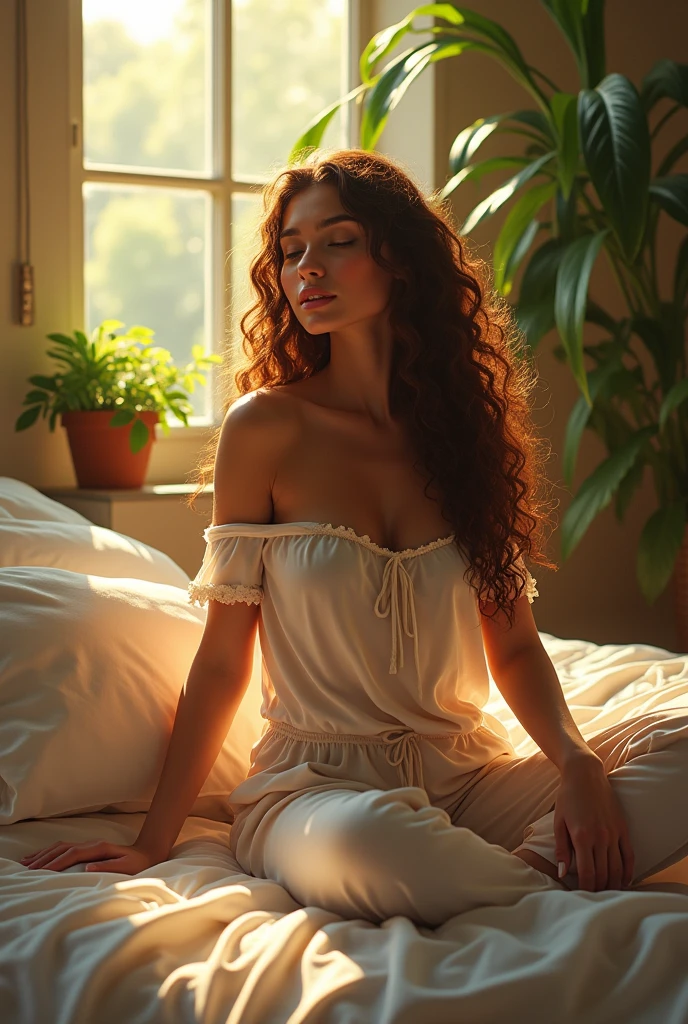 (photorealism:1.2), beautiful woman, sitting on bed, wearing loose off-shoulder top, pajama pants, long curly hair, indoors, soft lighting, plants in background, window with sunlight, cozy room, relaxed pose, realistic, intricate details, warm colors, by Greg Rutkowski, by Alphonse Mucha