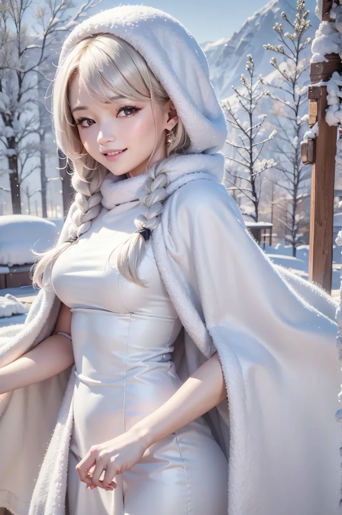 (Upper Body:1.5).masterpiece、Highest quality、1 girl, winter, platinum blonde hair, Cute girl, smile, close mouse, medium breasts, sideboob:1.2, white dress, winter clothes, long skirt, Fur coat、Small waist、Thin legs、outdoors, front of the lake, snow falling, Prayer Pose, join hands, from backside:1.5, face, style