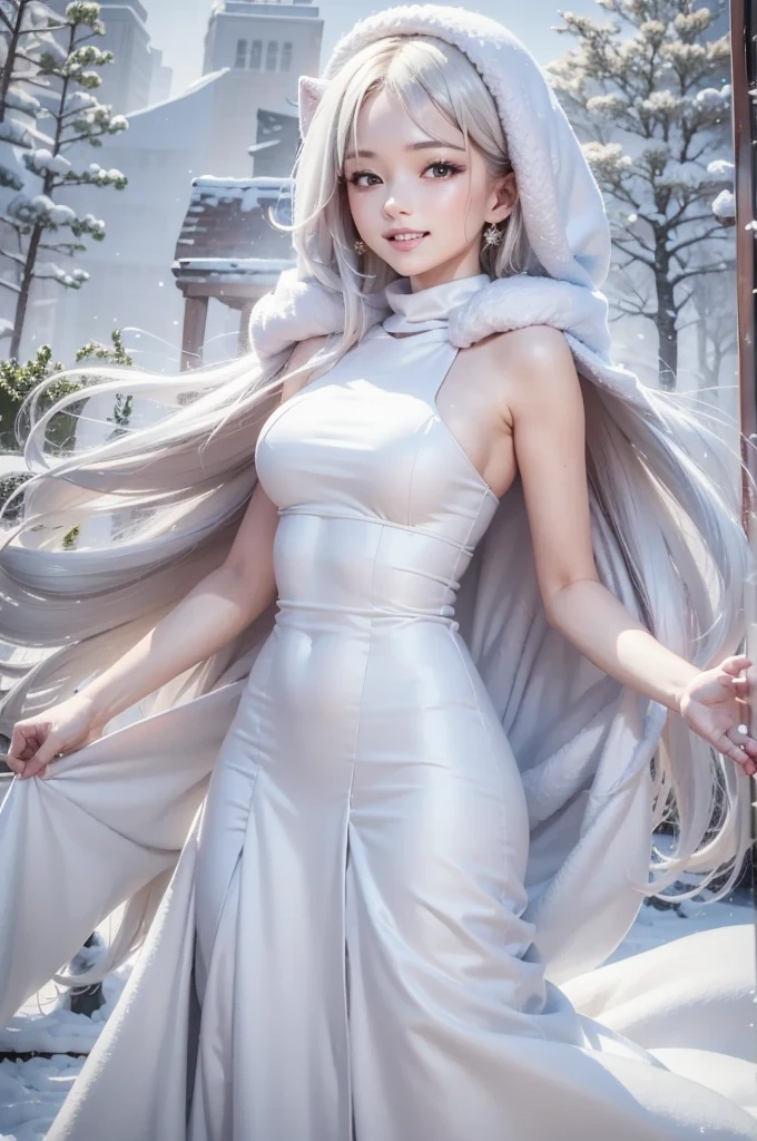 (Upper Body:1.5).masterpiece、Highest quality、1 girl, winter, platinum blonde hair, Cute girl, smile, close mouse, medium breasts, sideboob:1.2, white dress, winter clothes, long skirt, Fur coat、Small waist、Thin legs、outdoors, front of the lake, snow falling, Prayer Pose, join hands, from backside:1.5, face, style
