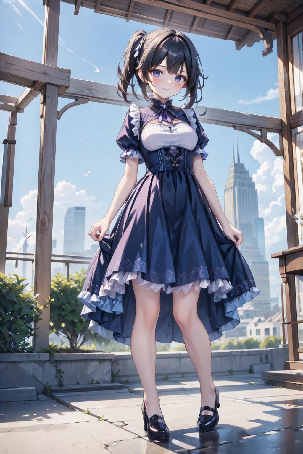 low-angle shot, big smile, look at viewer, long skirt, holding down her skirt as it is being blown by a strong wind, high quality, masterpiece, ultra-fine illustrations, detailed background, realistic lighting, dynamic pose