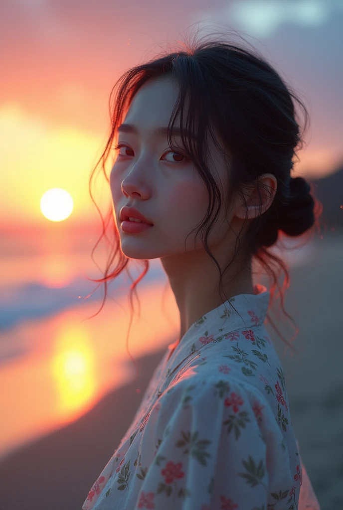 high quality、8K Ultra HD、女神のシルエットとサンセットコーストを組み合わせた美しいDouble Exposure、The Sunset Coast serves as a backdrop.、The details are captured by the Goddess、Crisp lines、The background is monochrome、Sharp focus、Double Exposure、By yukisakura、Amazing full color。Japanese women、Big Breasts