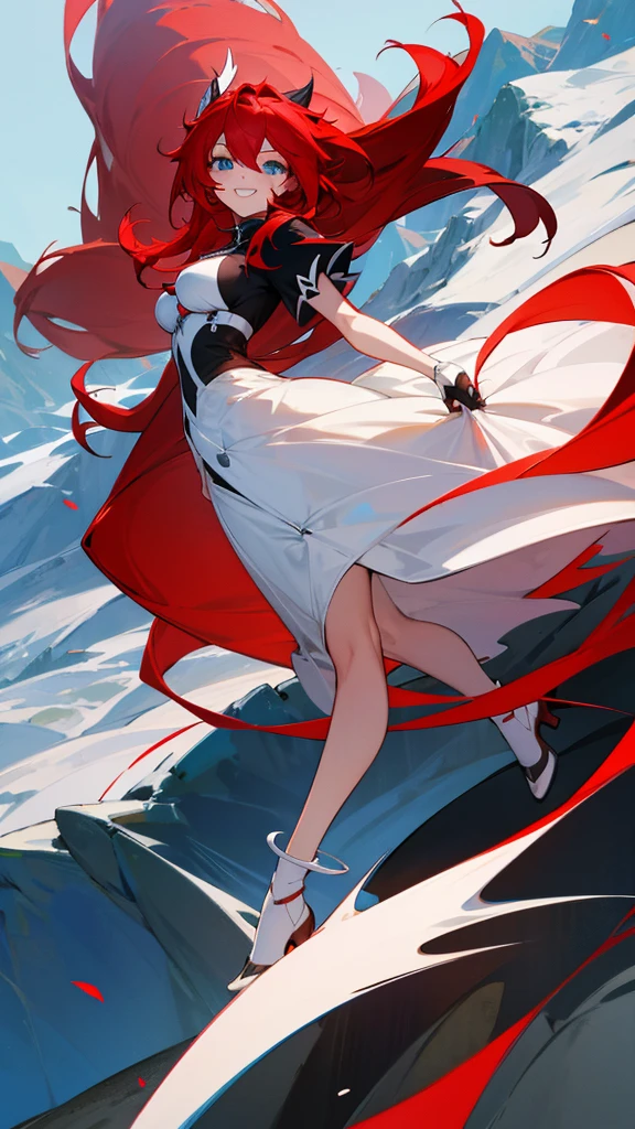 Rias Gremory, smile, red hair, blue eyes, full body, mountain, flowers
