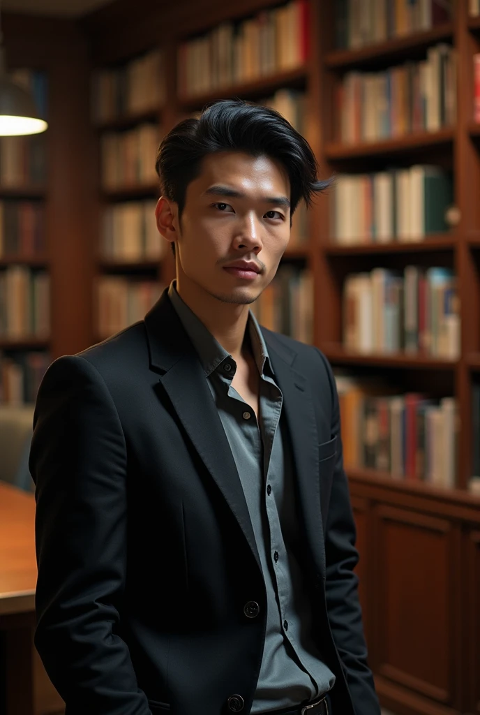 A young 25 year old boy with best haircut and shaving standing in library see front