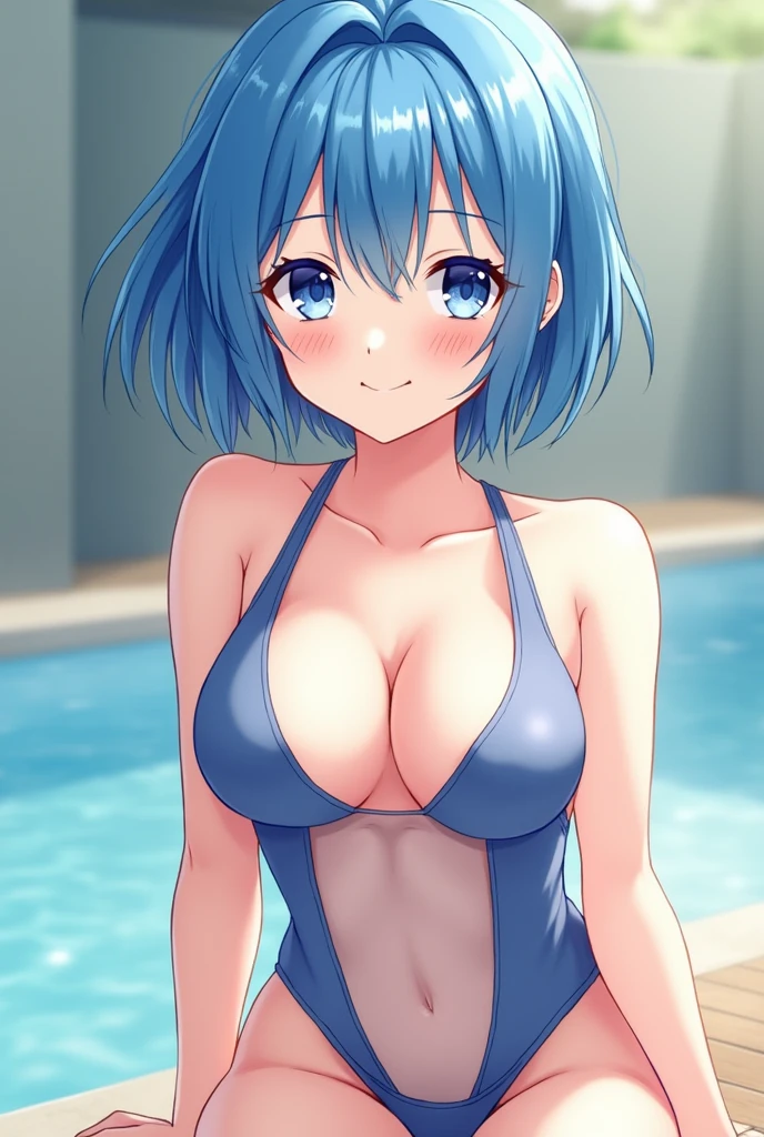 A blue-haired girl wearing a school swimsuit in anime style, with a translucent navel.