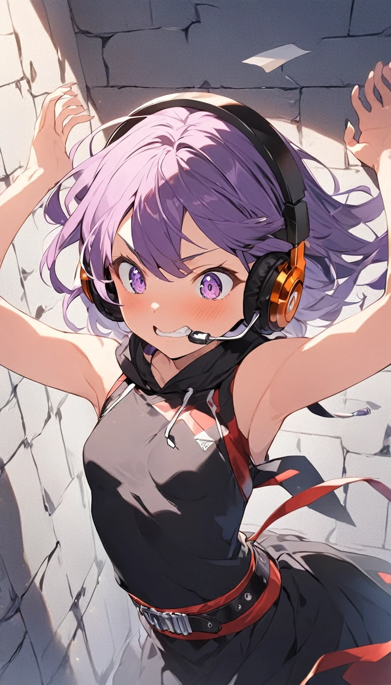 A girl dancing with lust Nipple Emphasis Nipple erection ((small_breasts)) one_girl solo front_view 1 girl,Oversized hoodies、headphones、Shortcut Hair,deep_purple_hair_color calm Hall々A serious expression Black Costume Belt on torso (((wall_paper))) (TV anime image format) (TV anime screenshots)