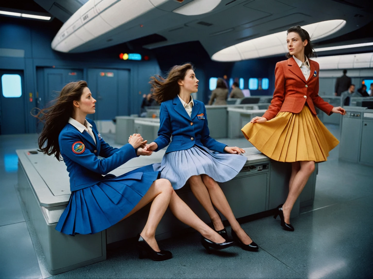 85mm photograph of Sapphic Space Lesbians, commanding spaceships, exploring space, investigating anomalies, sitting in on council meetings, wearing (long pleated full circle skirts), uniform jackets and (girly low heel office shoes), (pronounced (girly) features), (very windy), skirts are flowing wildly in the wind, lesbian space stations, sci-fi, skirts in space, women wearing skirts, love skirts, empathy ,compassion, romance and love, (pronounced (feminine) features), (highly detailed ultra accurate realistic) hands and fingers, (windy), epic composition, highly detailed attributes, (35mm f1.4 Kodak portra 400 photograph), extremely high quality RAW photograph, highly detailed atmosphere, sci-fi, cinematic shot, dynamic lighting, 75mm, Technicolor, Panavision, cinemascope, sharp focus, fine details, 8k, HDR, realism, realistic, key visual, film still, superb cinematic color grading, depth of field