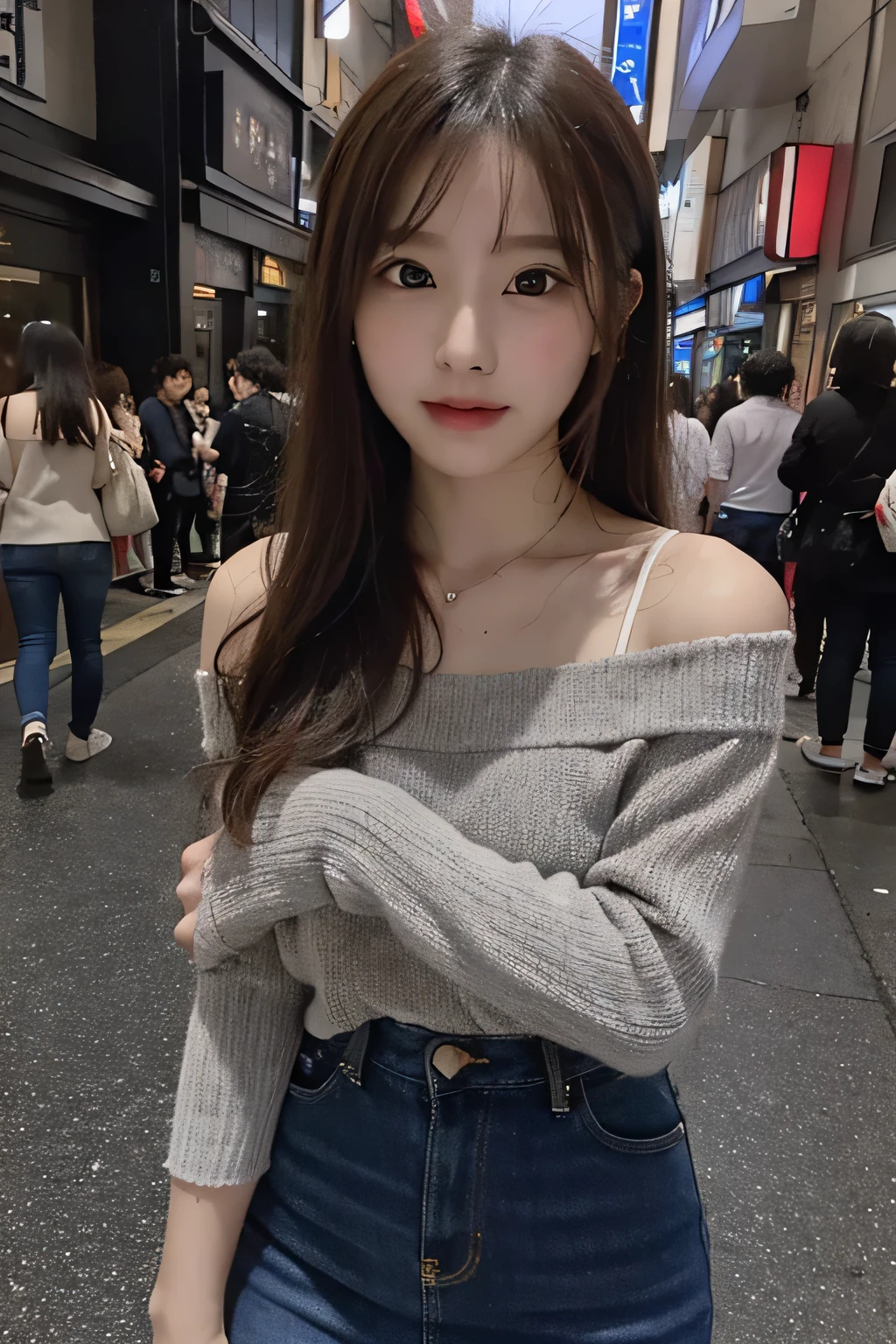 posing for photo in the street of Tokyo , wearing off shoulder grey knit top and jeans skirt, long wavy hair, posted on snapchat, photorealistic --ar 45:64