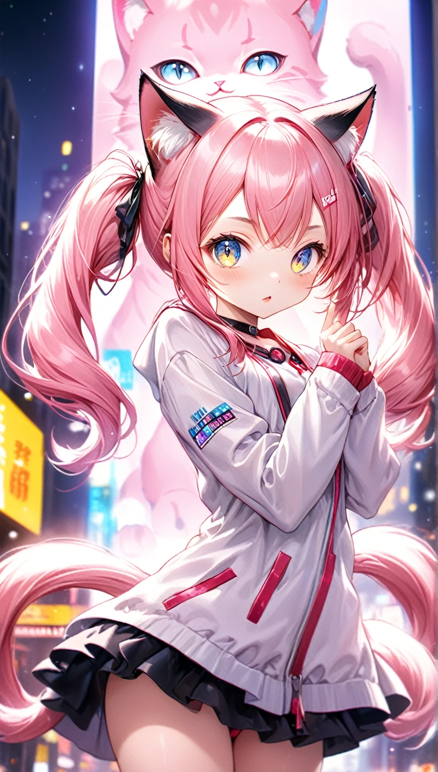 (Highest quality,8k,32K,masterpiece,Ultra-high resolution :1.2 ),born,One girl,Super cute,Natural light,Clear, shining eyes,20-year-old,Fair skin,Night downtown electronic world fantasy background,Pink Hair,Twin tails,Animal Ears,Cat ears,Meow Meow Pose