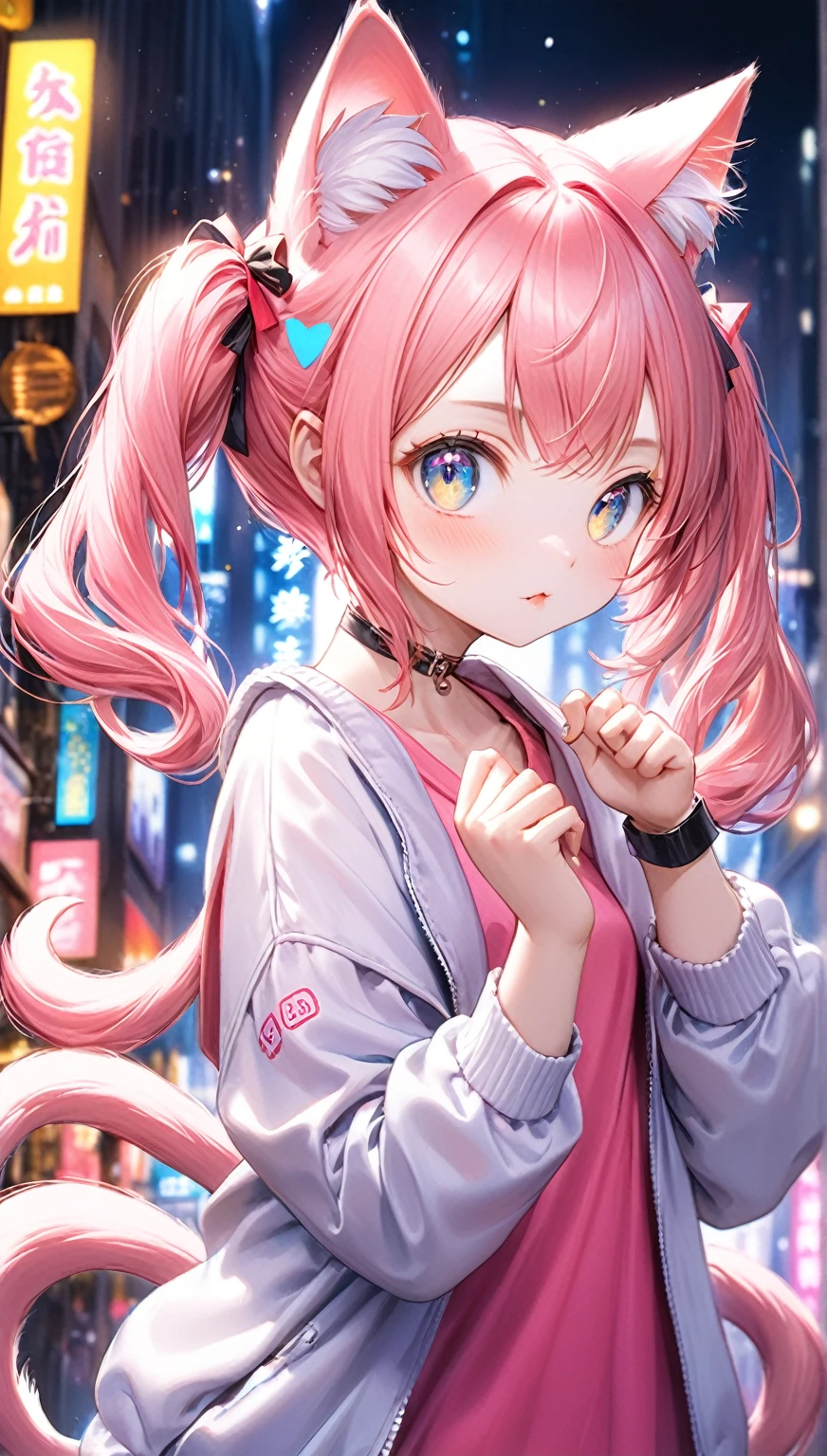 (Highest quality,8k,32K,masterpiece,Ultra-high resolution :1.2 ),born,One girl,Super cute,Natural light,Clear, shining eyes,20-year-old,Fair skin,Night downtown electronic world fantasy background,Pink Hair,Twin tails,Animal Ears,Cat ears,Meow Meow Pose