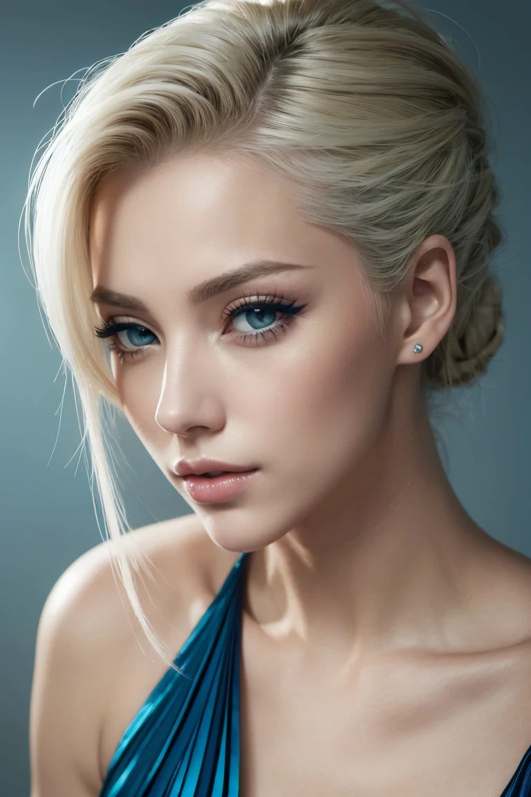 A beautiful woman with platinum blonde hair in a chignon hairstyle, collarbone, spiked hair, small breasts, green eyes, choker, blue t-shirt, (pleated skirt:1.2), jewelry (best quality,4k,8k,highres,masterpiece:1.2),ultra-detailed,(realistic,photorealistic,photo-realistic:1.37),extremely detailed face and eyes,beautiful detailed lips,longeyelashes,highly detailed skin,studio lighting,vivid colors,elegant,fashion photography,graceful pose