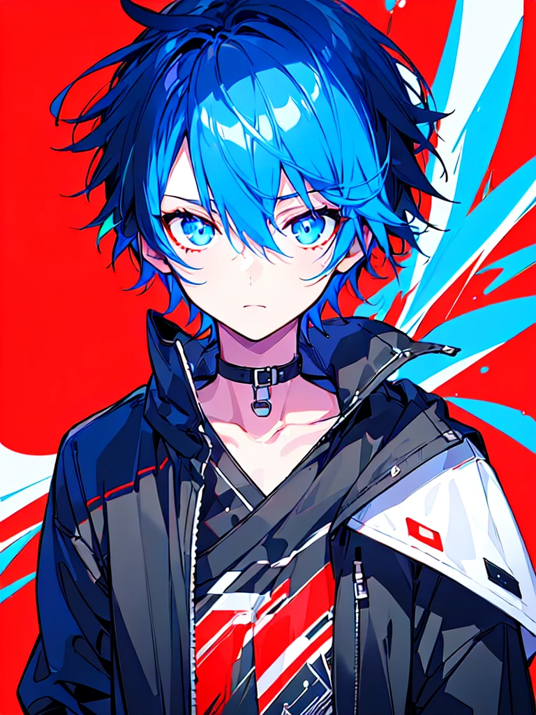 [(RED BACKGROUND:1.5),::5], ((((masterpiece)))), high quality, ultra very high resolution, full color, (((solo))), ((little boy)), BLACK short hair, ((Blue streaked hair)), (oriental deepblue eyes), anime, ((upper body)), Summer clothes, neon light, black parka, glaring