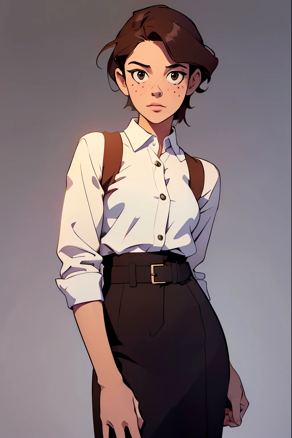 masterpiece, best quality, waist up,1girl,the highest image quality, 30-year-old mature woman, looks like rachel bilson, short brown hair, brown eyes, freckles, wearing a doctor uniform, White background, empty background, waist up , standing normally, sad, RachelBilson
