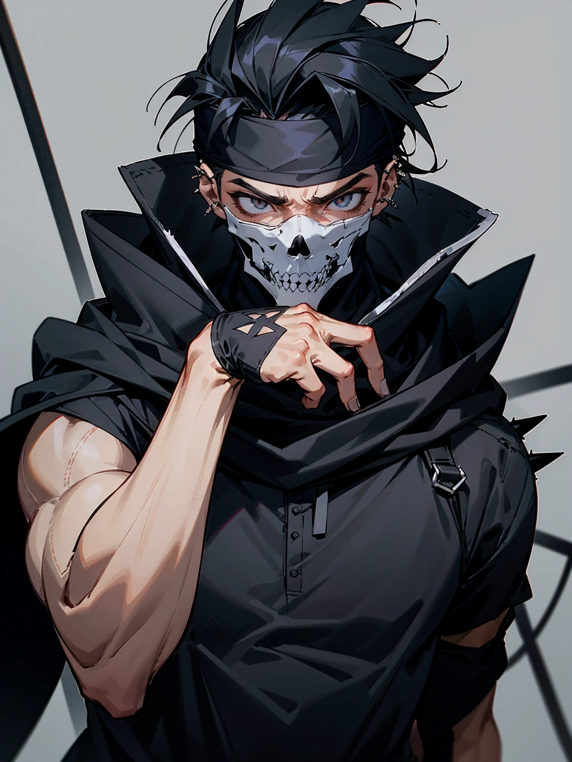 1male, adult, gojo hair, black hair, spiky hair, black hood over head, grey headband, skull mask, eye piercing, lazy expression, black paddedr outfit, lean build