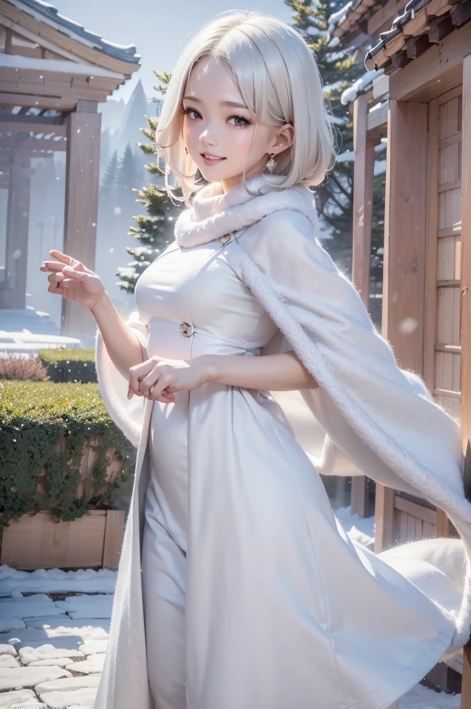 (the upper body:1.5).masterpiece、Highest quality、1 girl, winter, platinum blonde hair, Cute girl, smile, close mouse, medium breasts, sideboob:1.2, white dress, winter clothes, long skirt, Fur coat、Small waist、Thin legs、outdoors, front of the lake, snow falling, Prayer Pose, join hands, from backside:1.5, look back, face, style