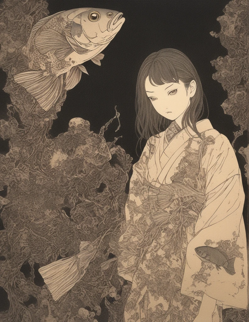 Japanese line drawing、Two female students, knots, BDSM , Floral Damask Background ,  Takato Yamamoto style、Please generate an illustration of a beautiful girl observing an exhibition room in a museum filled with fish bone specimens. The main thing is fish specimens. The exhibition room is dark and only the fish bone specimens are lit up. Incorporate fantasy elements with magical landscapes. Please make it look like the key visual of the anime. --s 1000 --c 1 --style raw --no lowest detailed , lowest quality , poor illustration , flat , realistic --niji 6 --sref 3277626525