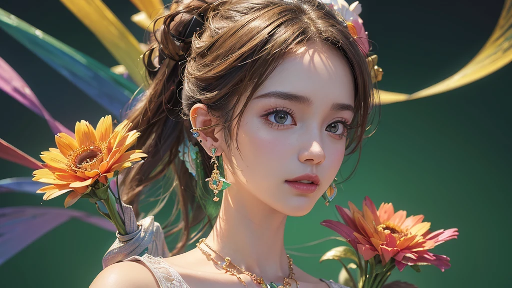 32K, 最高quality, 最高masterpiece, (ultra-Detailed Background, Detailed Background), High resolution, Super detailed, Very detailedな, One girl, (bouquet:1.3), (Tangled:1.2), (Geometric:1.2),(colorful),(masterpiece, quality, best quality, Official Art, Beautiful and beautiful:1.2), (1 girl:1.3), Very detailed,(colorful:1.1)(Flowers:1.3),Most detailed,(Tangled:1.2), whole body, (Abstract background:1.3), (Skin glows), (Many colors:1.4), ,(Earrings Jewelry:1.5), Light green background,