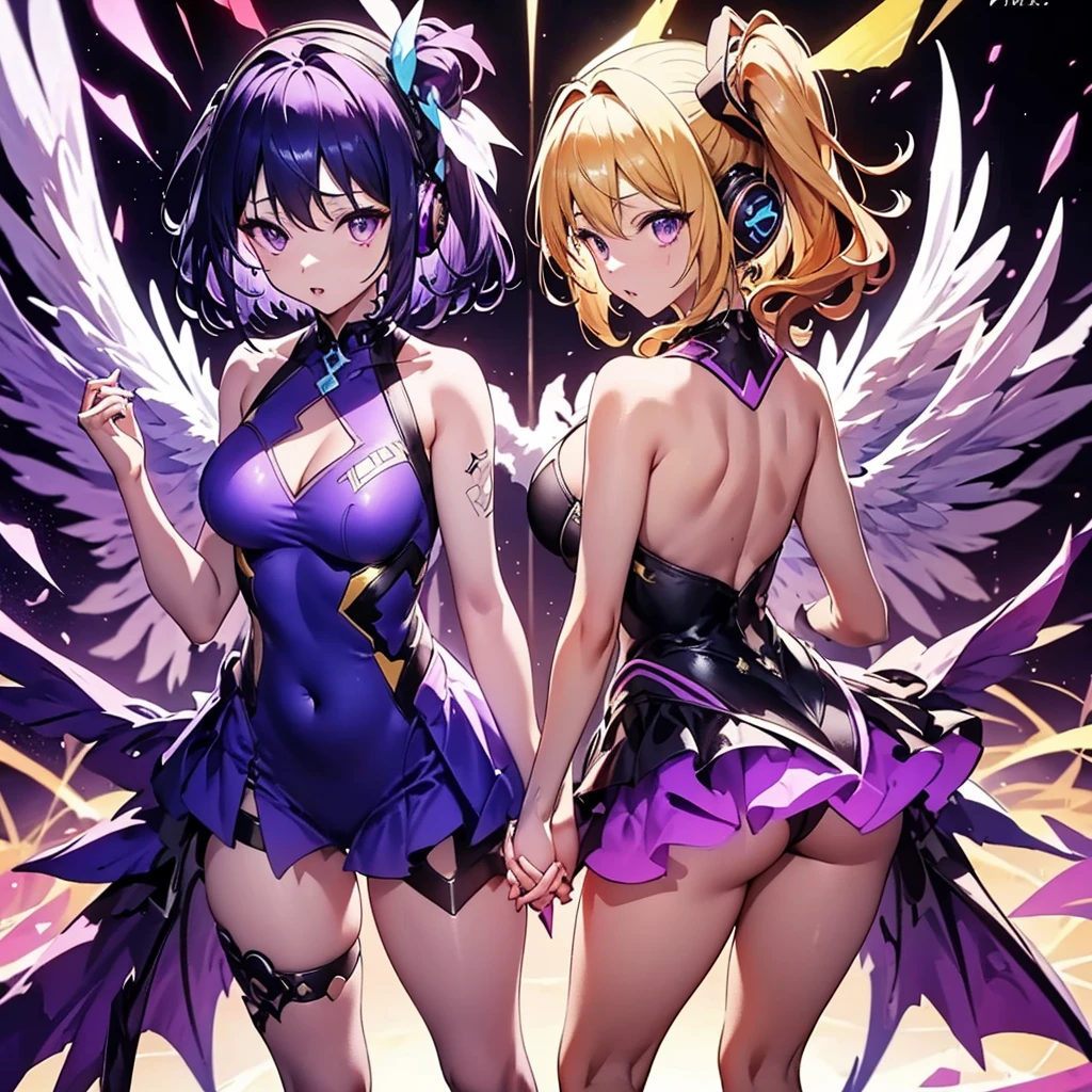 ((Highest quality)), (detailed), Holding hands and standing with their backs together, a girl with dark blue hair, short hair, long bangs, large breasts, purple eyes, and white headphones, and a girl with average size, small breasts, long blonde hair, purple eyes, and a long side ponytail with large wings, flames、Idol、Holding hands and standing back to back.0、Yellow and purple light cube background 1.7、Idol衣装1.6、Anatomically correct 2.0、Two people 2.0、Pastel 0.6、Anatomically correct hand