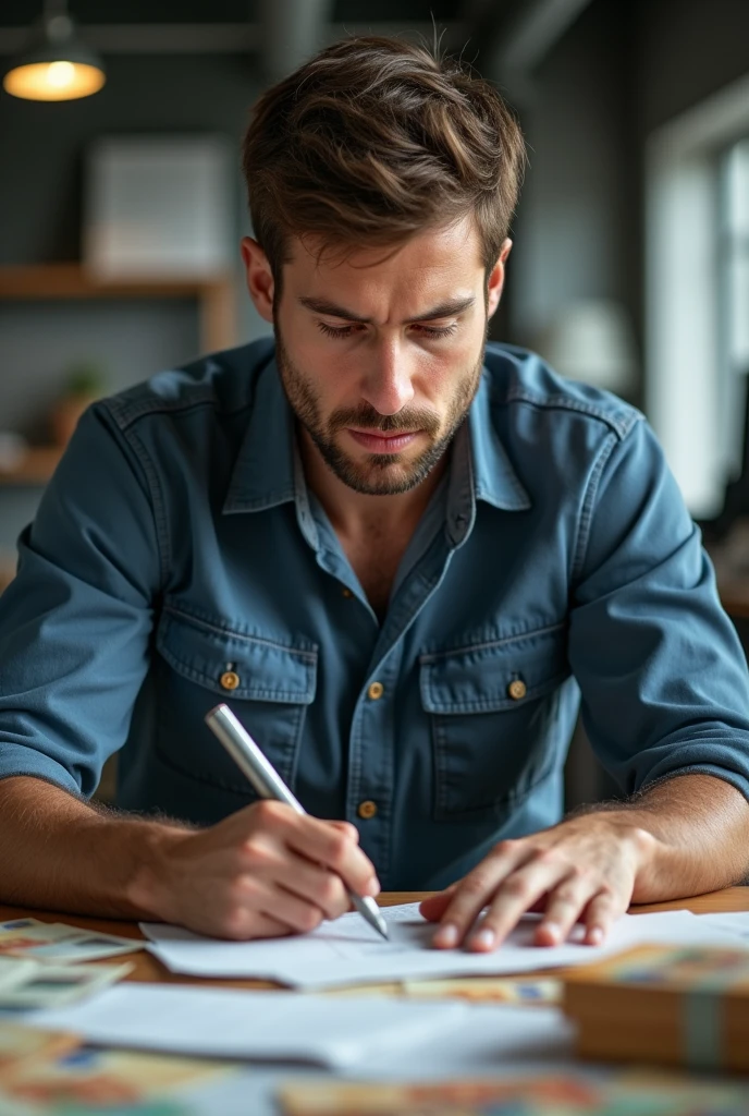 There is young electrical engineer that he is in germany recently he has his small factory fundet and he is now really series
And there is some important papers around him and some euro he look liked series and hard work and he has no beard and he is looking to his desk