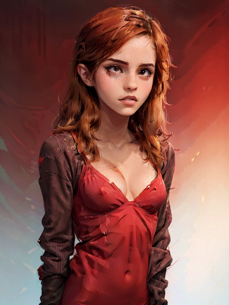 one asian girl, hermione granger, solo, abs, slender body, (upper body, bust:1.2), brown eyes, brown hair, (red clothes, tiny breasts, small breasts, male chest, cleavage, exposed breasts, deep cleavage:1.5), bare shoulders, masterpiece, highly detailed, look at viewer, shiny blured orange background, gradient sprayed background, front view, gradient red purple background, blured background, glowing edges of image