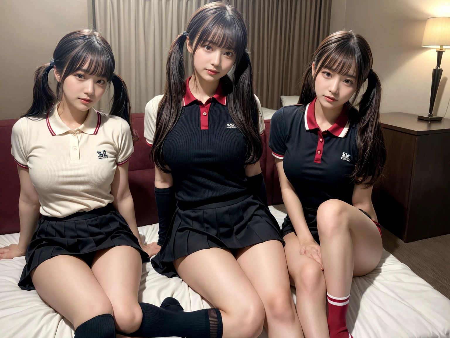 masterpiece, best quality, illustration, Super detailed, fine details, High resolution, 8K,wall paper, perfect dynamic composition,(Details High quality, realistic depiction of eyes:1.3), (2 girls), (collared polo shirt), pleated skirt, knee high socks, twin tails, sitting, open legs, in a hotel room in the background, deep on field, large breasts, black hair color, Big Natural Color Lip, (perfect body shape), crying a little、Harajuku style、20 year old girl、cute type、beautiful legs, Gravure Idol