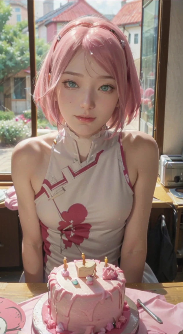 beautiful sakura haruno , pink hair girl, adolable , 15 year old girl, sitting at the dining table, Birthday cake on the table, Sunlight outside the window, (smile of her beautiful face) beautiful smile, big smile, happy face on birthday , White teeth